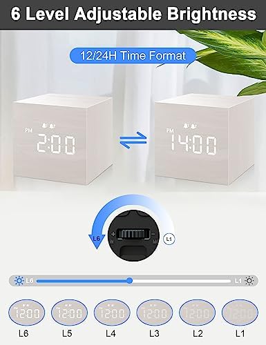 JALL Digital Alarm Clock with Wooden LED Display 3 Alarm White
