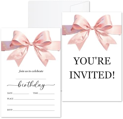 Pink Bow Birthday Invites Cards for Girls Women