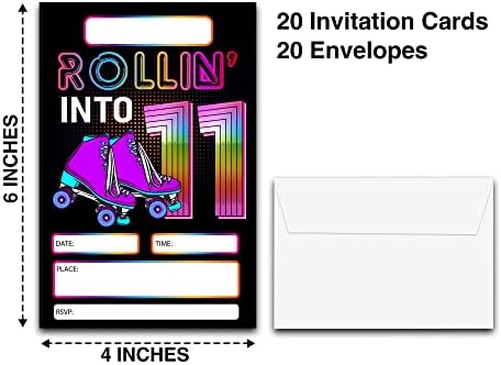 DETIHO 4x6 Roller Skating 11th Birthday Party Invitations 20 Sets