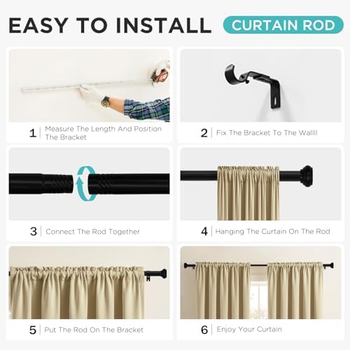Joydeco Black Curtain Rod 32-88 Inch Adjustable Single Rod for Windows