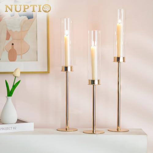 NUPTIO Gold Taper Candle Holders 3 Pcs Hurricane Candlestick