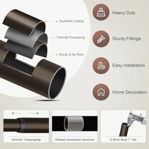 Modern Antique Brown Adjustable Curtain Rods for Windows 66-120 Inches