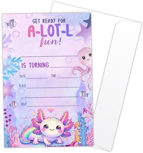 Axolotl Birthday Invitations for Kids 20 Piece Set
