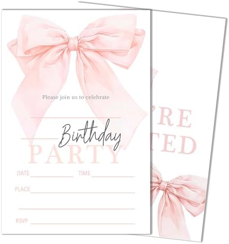 20 Pink Bow Birthday Invitations with Envelopes