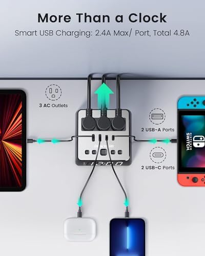 JACKYLED Alarm Clock with 48A USB Ports and Surge Protection