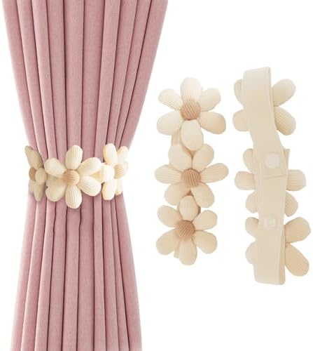 2 Pcs Flower Curtain Tiebacks with Buttons Beige