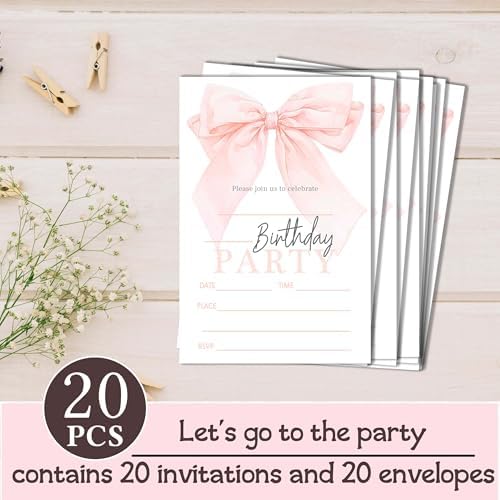 20 Pink Bow Birthday Invitations with Envelopes