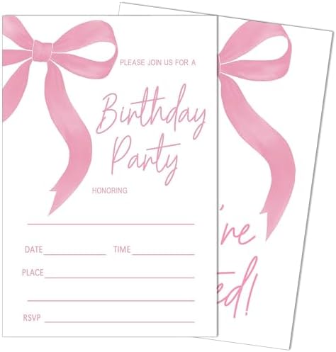 SIXEIGHT 20 Pink Bow Birthday Invitations with Envelopes