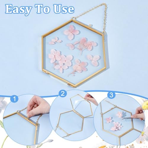 UNICRAFTALE 2Pcs Floating Glass Photo Frame with Golden Pressed Flowers