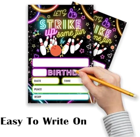 Strike Bowling Neon Birthday Party Invitation with Envelopes 4x6 Inch