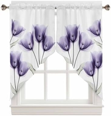 Purple White Tulip Swag Curtains Valance for Kitchen Windows