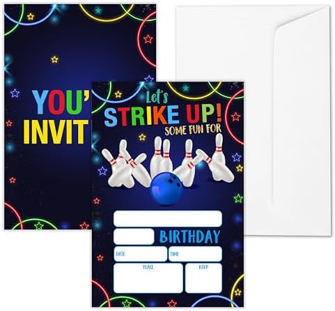 Retro Neon Bowling Birthday Invites 25 Set