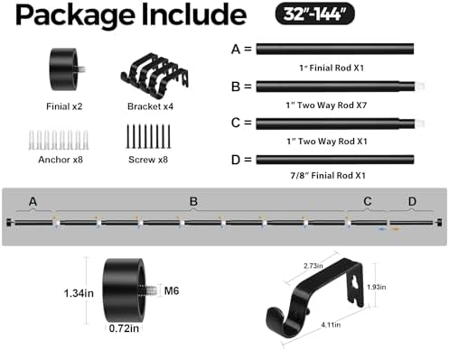 Kamanina Black Curtain Rod 32-144 Inch Heavy Duty Single Rod