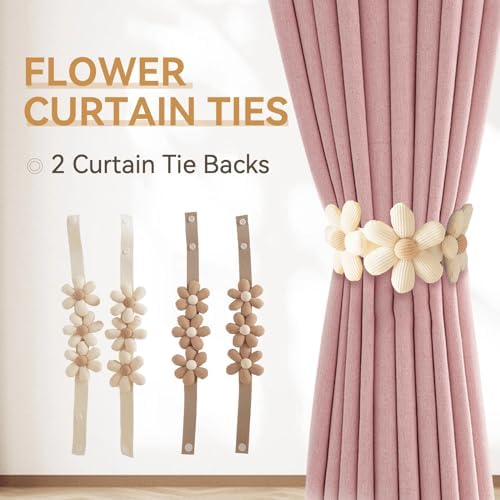 2 Pcs Flower Curtain Tiebacks with Buttons Beige