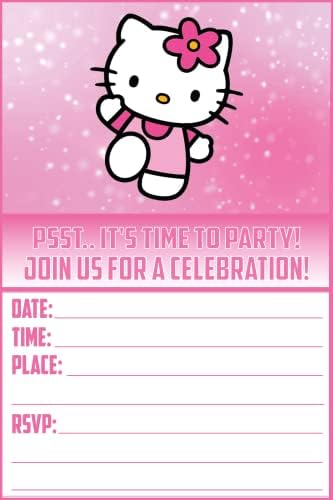 Set of 20 Cute Pink Cat Birthday Invitation Cards