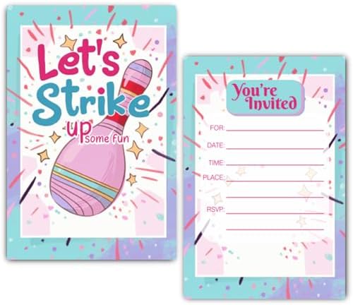 Pink Bowling Birthday Party Invitation Cards 30 Pack with Envelopes
