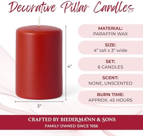 Biedermann Sons Unscented Pillar Candles Box of 6 Cranberry Red