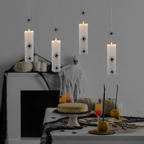Lumabase Battery Operated Hanging Pillar Candles with Spiders Set of 4