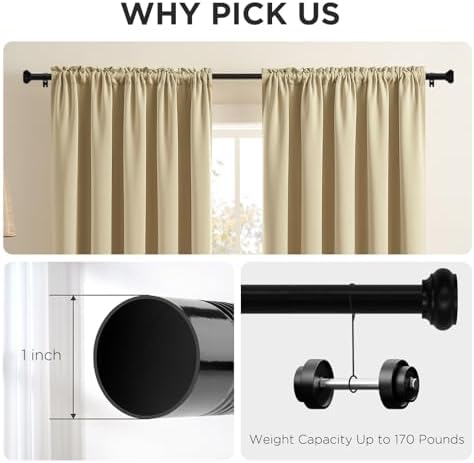 Joydeco Black Curtain Rod 32-88 Inch Adjustable Single Rod for Windows