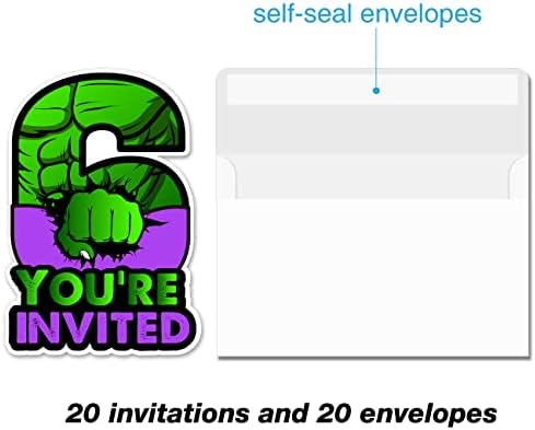 20 Superhero 6th Birthday Invites with Envelopes Double Sided Green Design