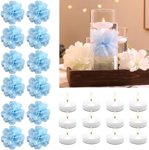 24 Pcs Floating Candles and Artificial Flowers Set Blue