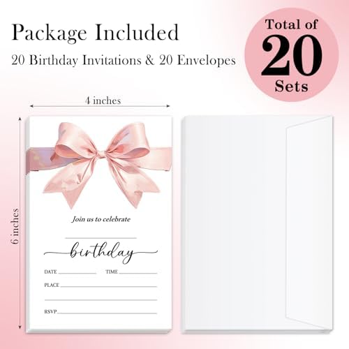 Pink Bow Birthday Invites Cards for Girls Women