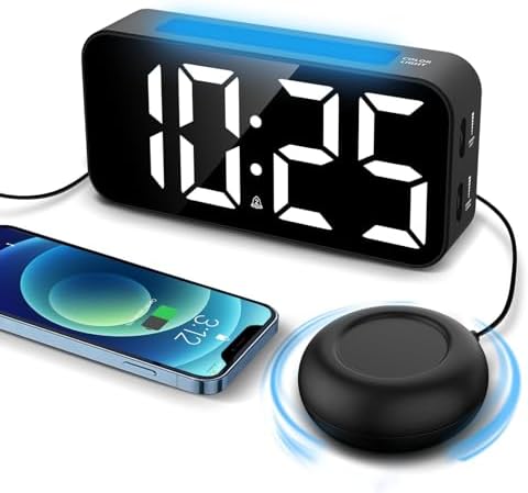 Vibrating Alarm Clock for Heavy Sleepers with Night Light and Large Display