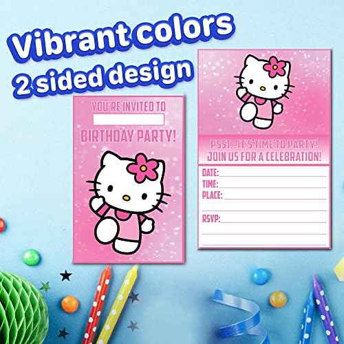 Set of 20 Cute Pink Cat Birthday Invitation Cards