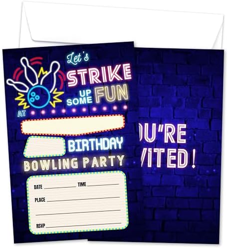 Neon Bowling Birthday Invites For Kids With Envelopes - 14 Designs