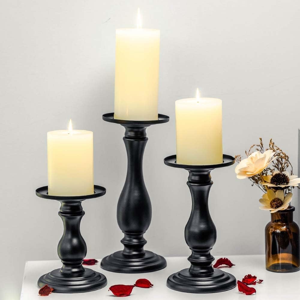 Set of 3 Matte Black Candle Holders for Decor
