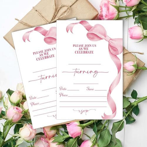Pink Bow Birthday Party Invitations 20pcs with Envelopes