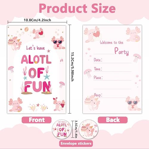 Axolotl Birthday Invitations Set with Envelopes