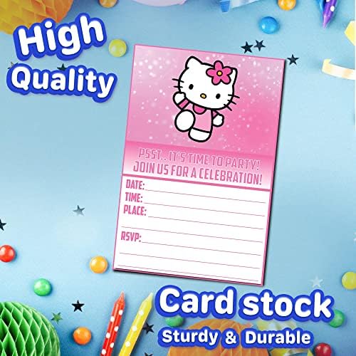 Set of 20 Cute Pink Cat Birthday Invitation Cards