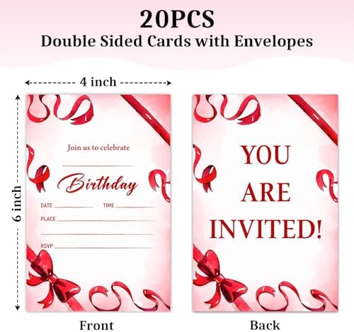 Red Bow Birthday Party Invitation Cards with Envelopes 20 Pcs