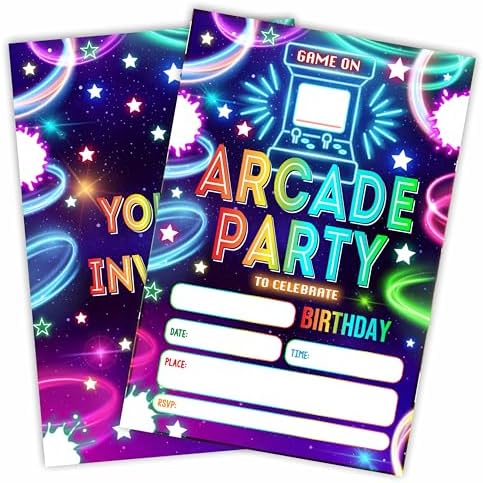 Cudwid Glow Neon Arcade Birthday Invites Cards Set