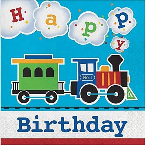All Aboard Blue Boys Happy Birthday Napkins 65x65