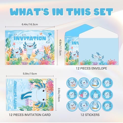 12Pcs Blue Axolotl Invitation Cards Party Decor