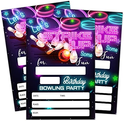 Neon Glow Bowling Birthday Invitations - Pack of 20 Cards with Envelopes
