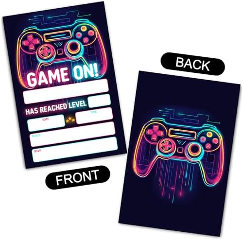Neon Video Game Birthday Party Invitation Cards Double-Sided 30-Pack with Envelopes