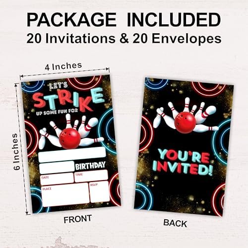 Neon Bowling Birthday Invites Set Of 20 With Envelopes