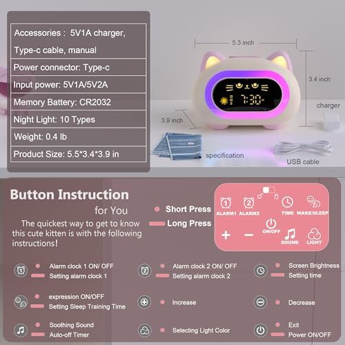 Charming Cat Alarm Clock for Kids with Dual Alarm and Night Light