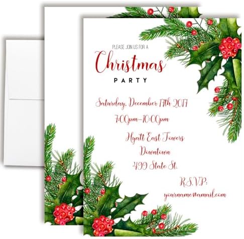 Personalized Christmas Holly Berries Party Invites 20 Pack with Envelopes