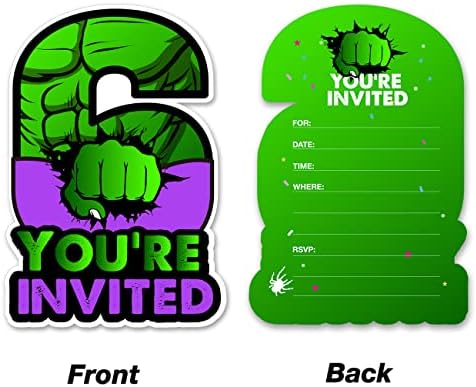 20 Superhero 6th Birthday Invites with Envelopes Double Sided Green Design