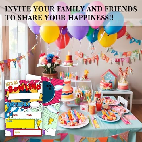 Bowling Birthday Invites with Envelopes 4x6 Inches 20 Sets