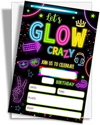 Neon Glow Birthday Invites 20 Count with Envelopes
