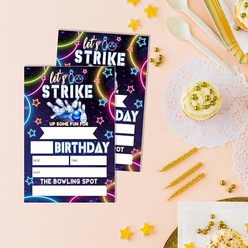 Eronm Neon Bowling Birthday Invitations 20 Pack with Envelopes