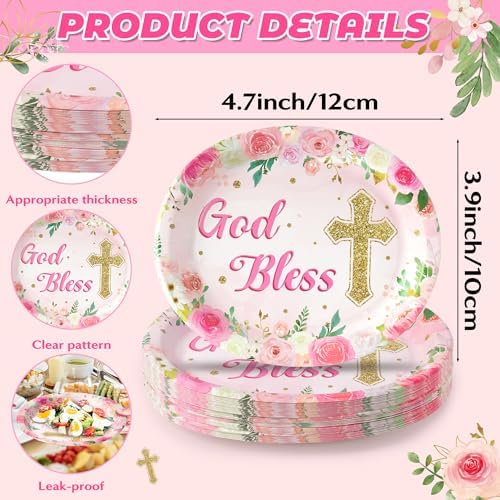 50Pcs Pink God Bless Cross Paper Plates for Baptism Parties