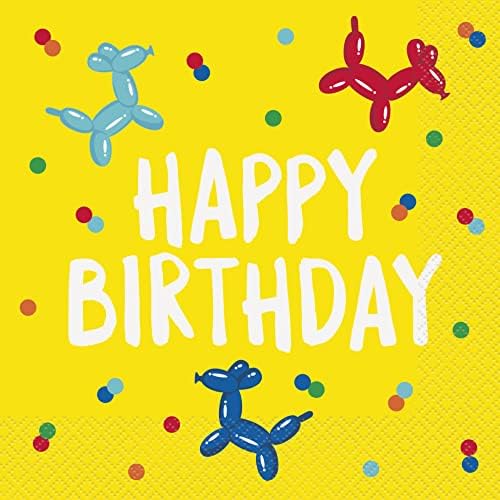 Happy Birthday Yellow Paper Napkins Pack of 16 Balloon Dog Design