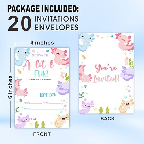 Axolotl Birthday Invites With Envelopes - 20 Sets