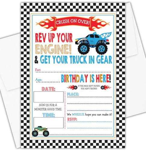Monster Truck Birthday Invitations Set of 15 with Envelopes